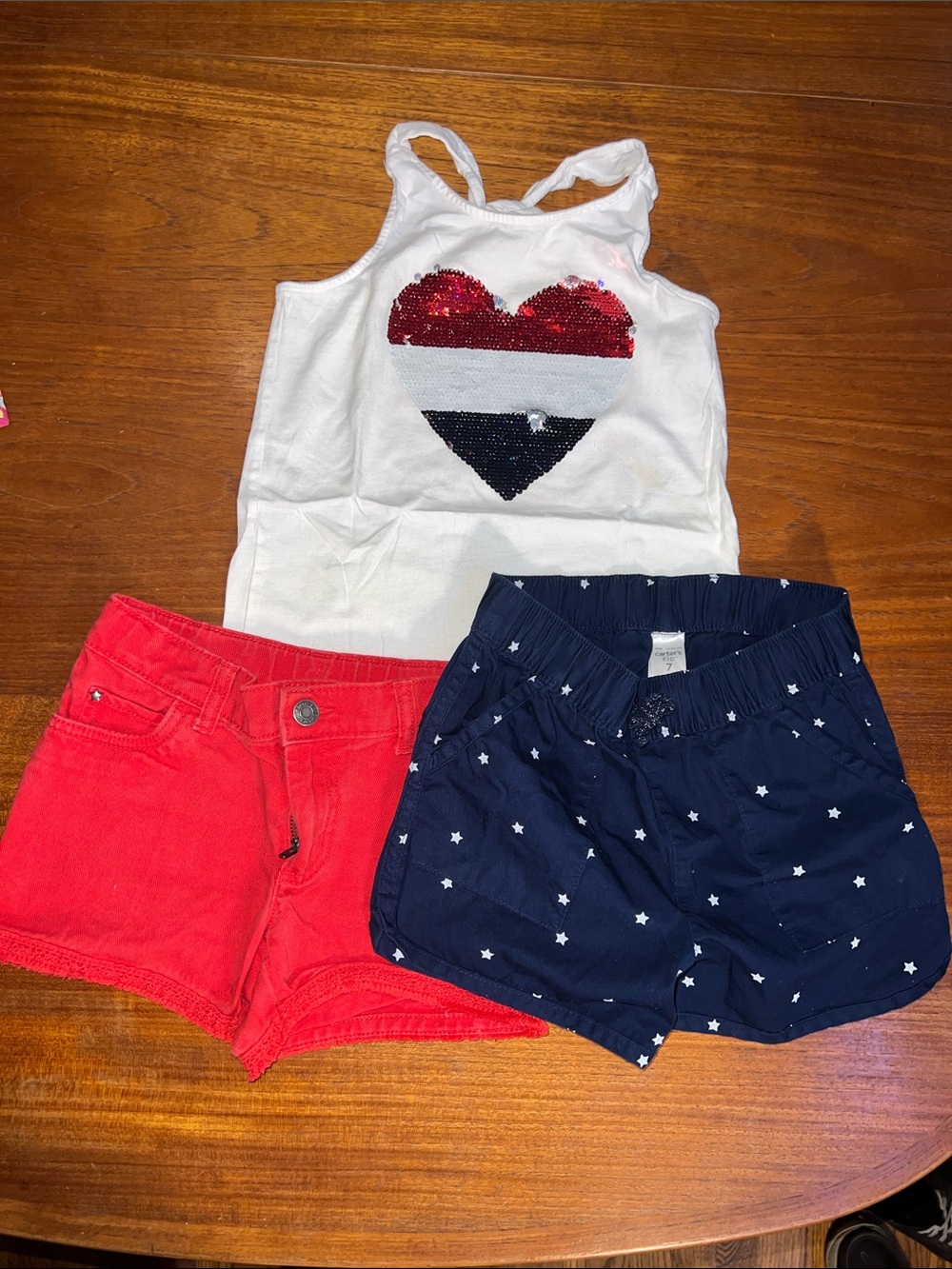 Carter's White Sequin Heart Tank with Red and Navy Star Shorts